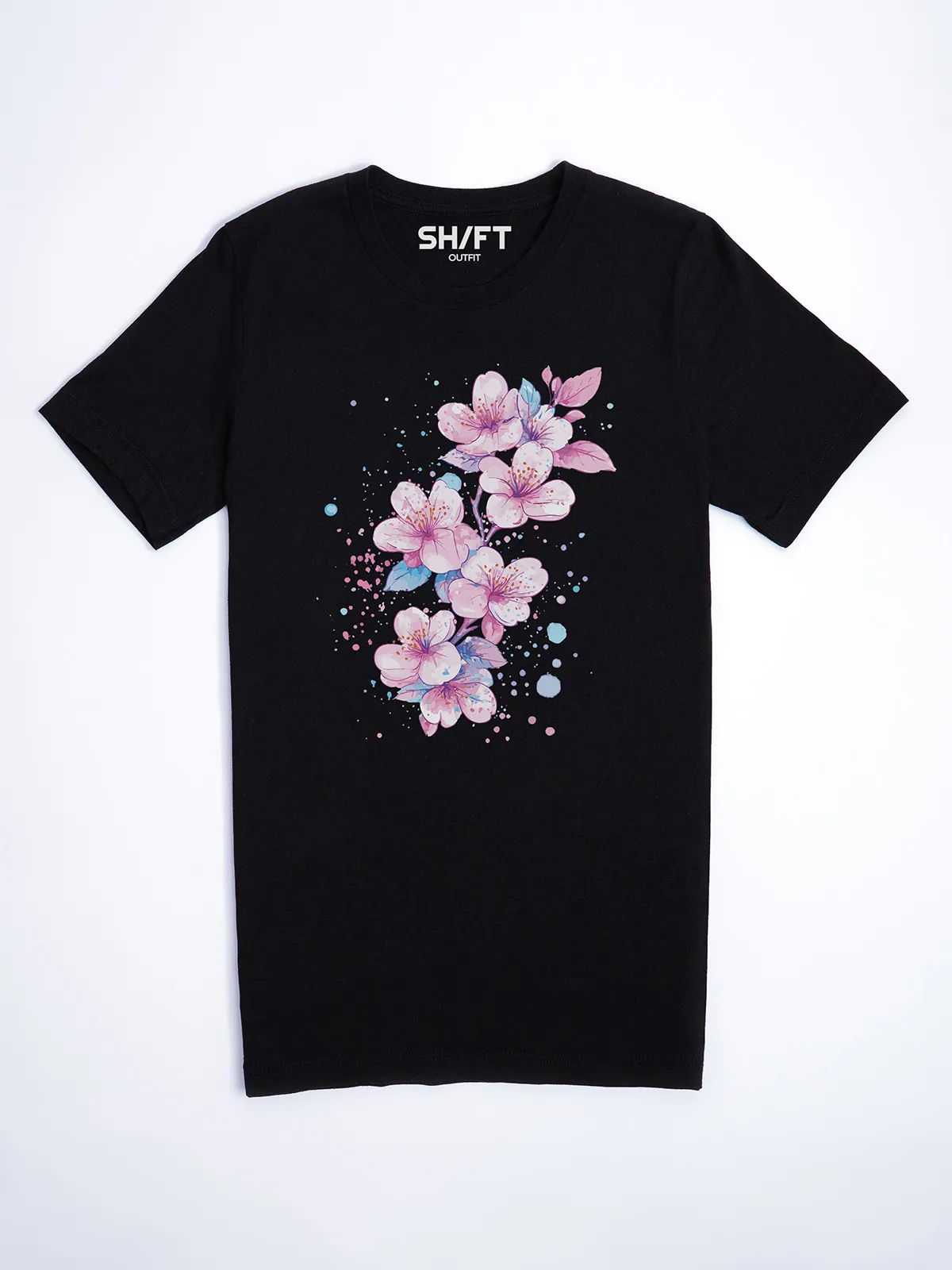 Aquarell Blueten T-Shirt in Black, Hauptansicht.