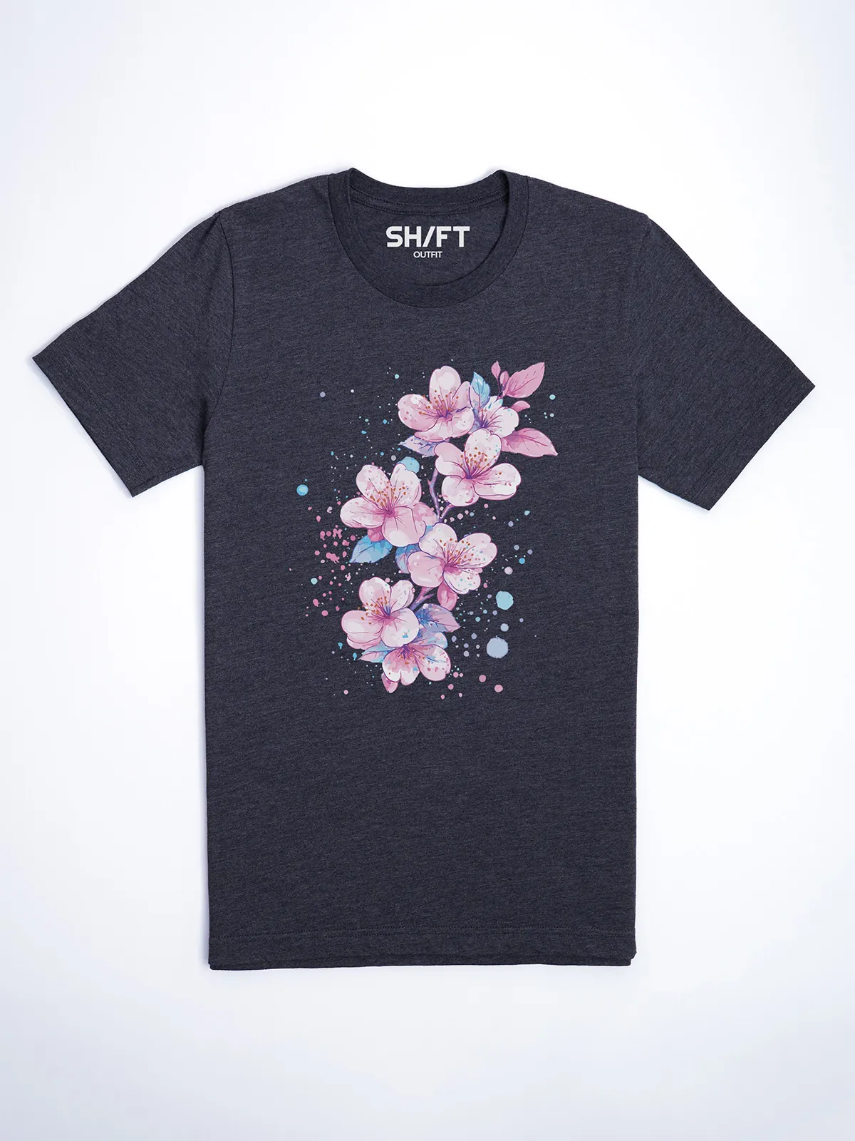 Aquarell Blueten T-Shirt in Heather Midnight Navy, Hauptansicht.