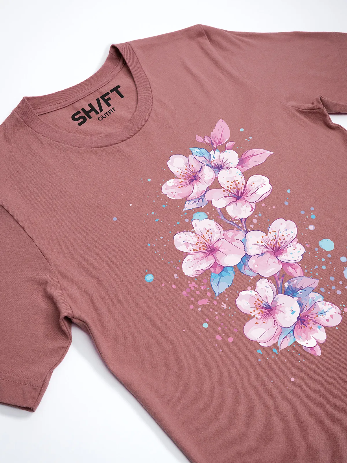 Aquarell Blueten T-Shirt in Mauve, Detailansicht des Drucks.