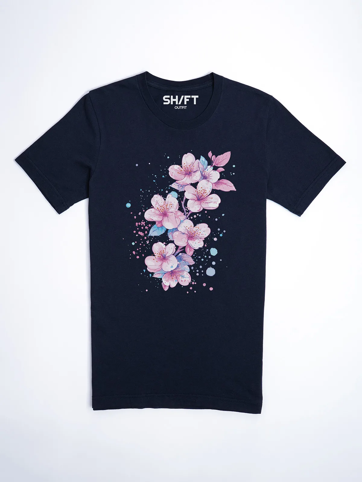 Aquarell Blueten T-Shirt in Navy, Hauptansicht.