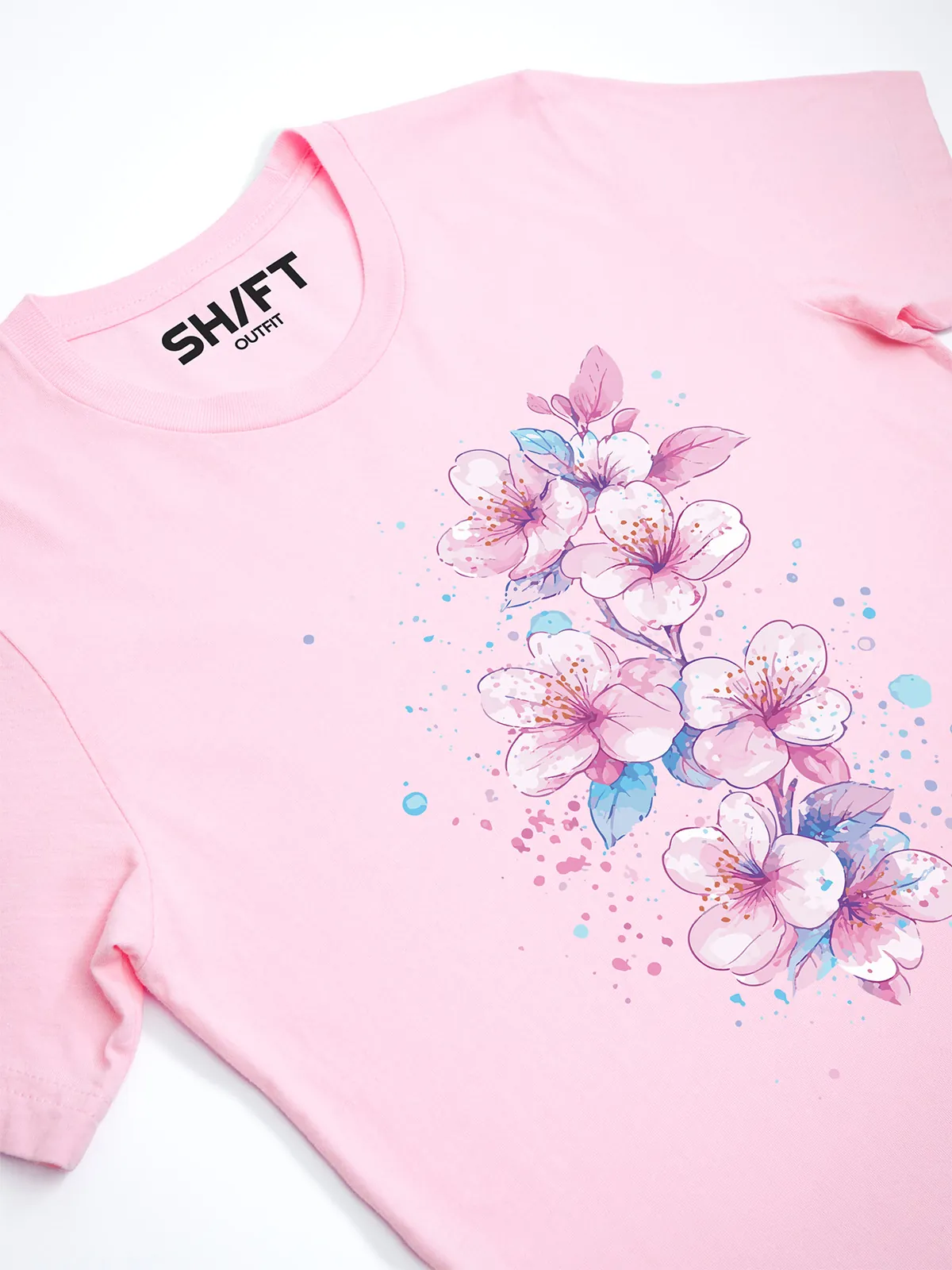 Aquarell Blueten T-Shirt in Pink, Detailansicht des Drucks.