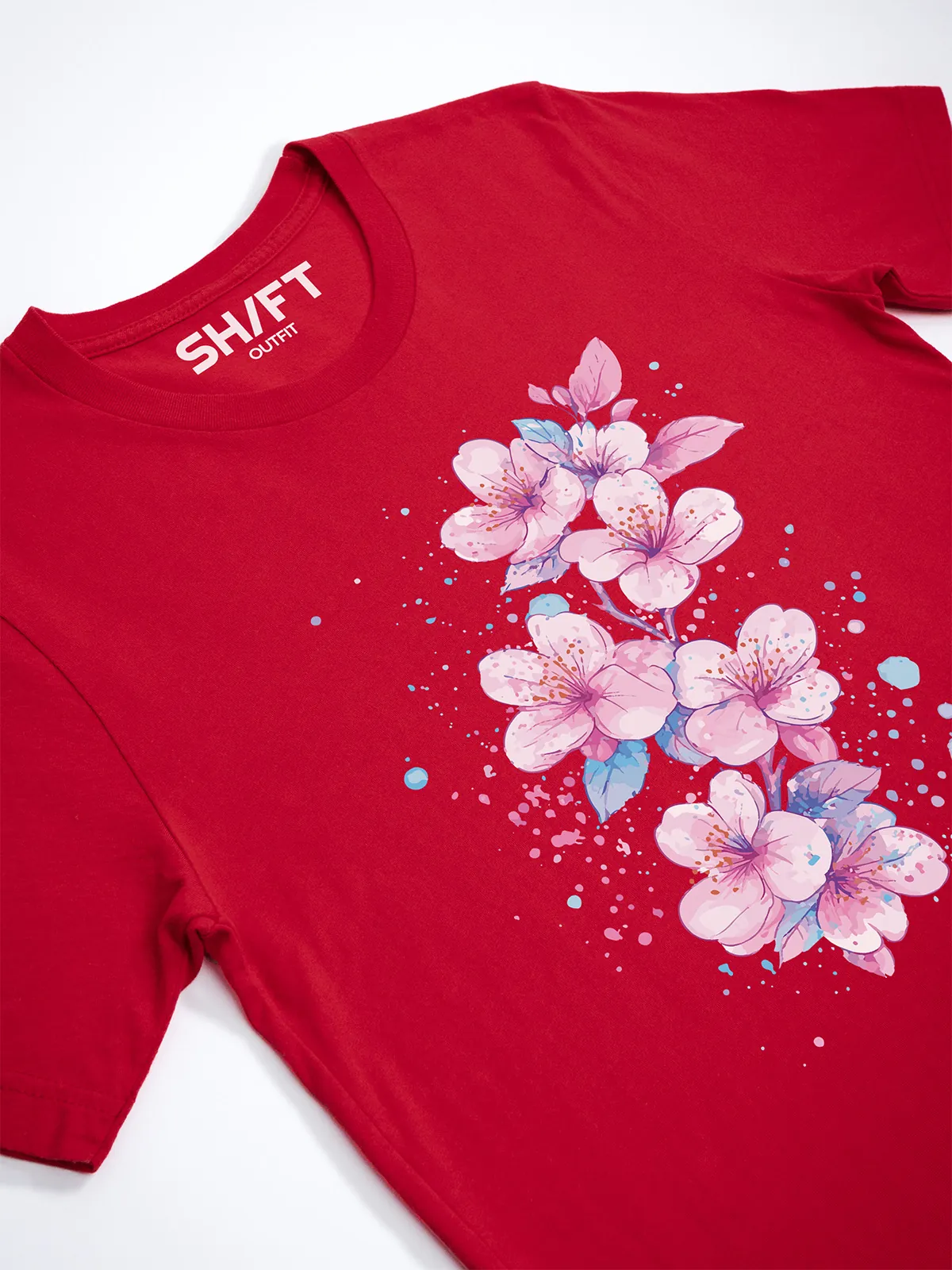 Aquarell Blueten T-Shirt in Red, Detailansicht des Drucks.
