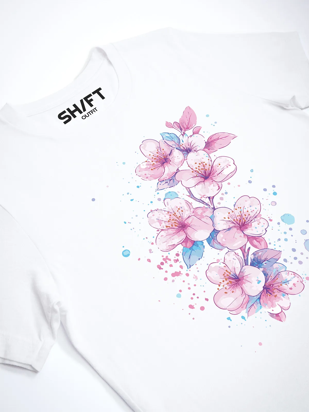 Aquarell Blueten T-Shirt in White, Detailansicht des Drucks.
