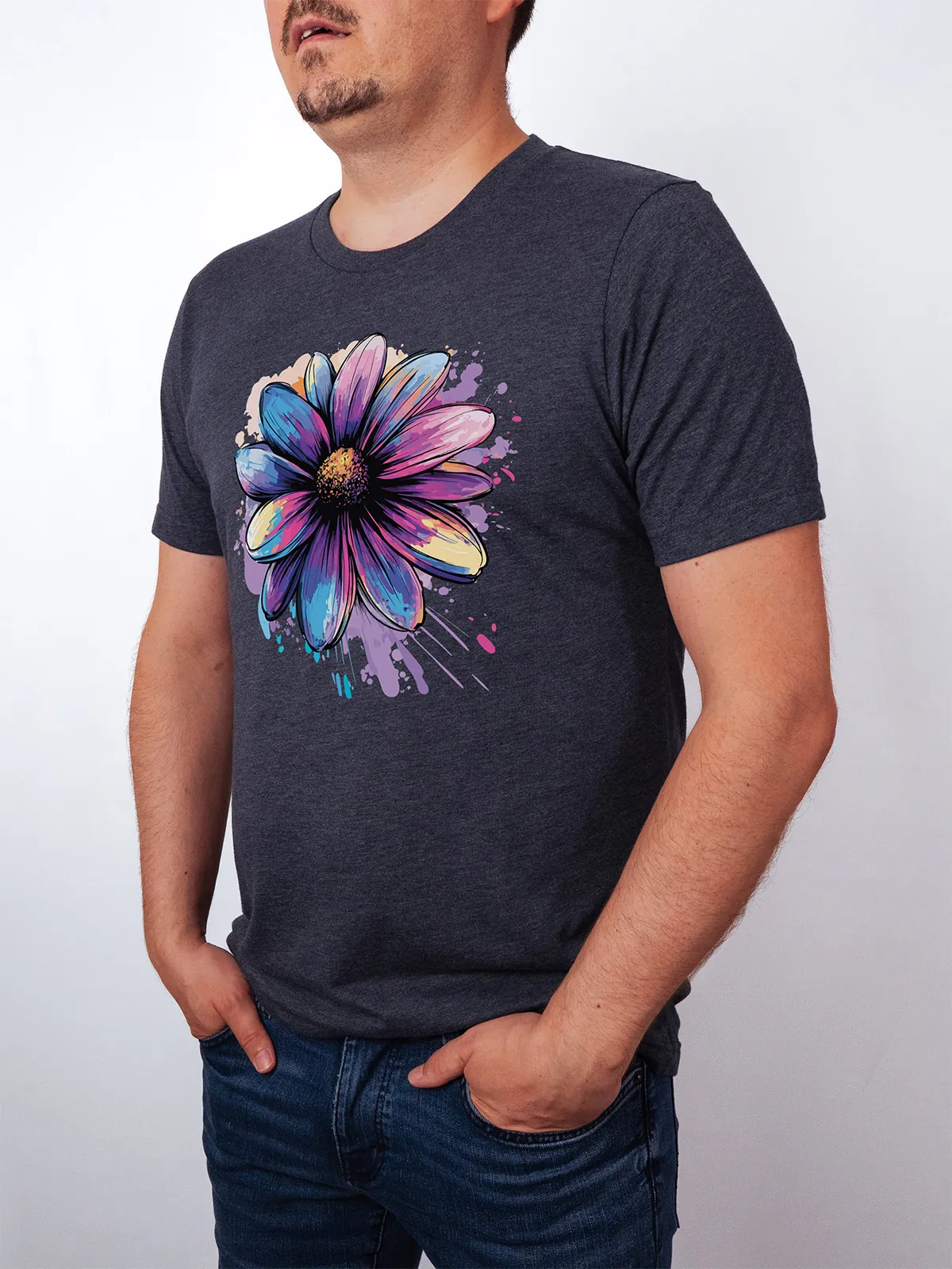 Bemalte Bluetenblaetter T-Shirt Heather Midnight Navy - Fruehling mit ShiftOutfit