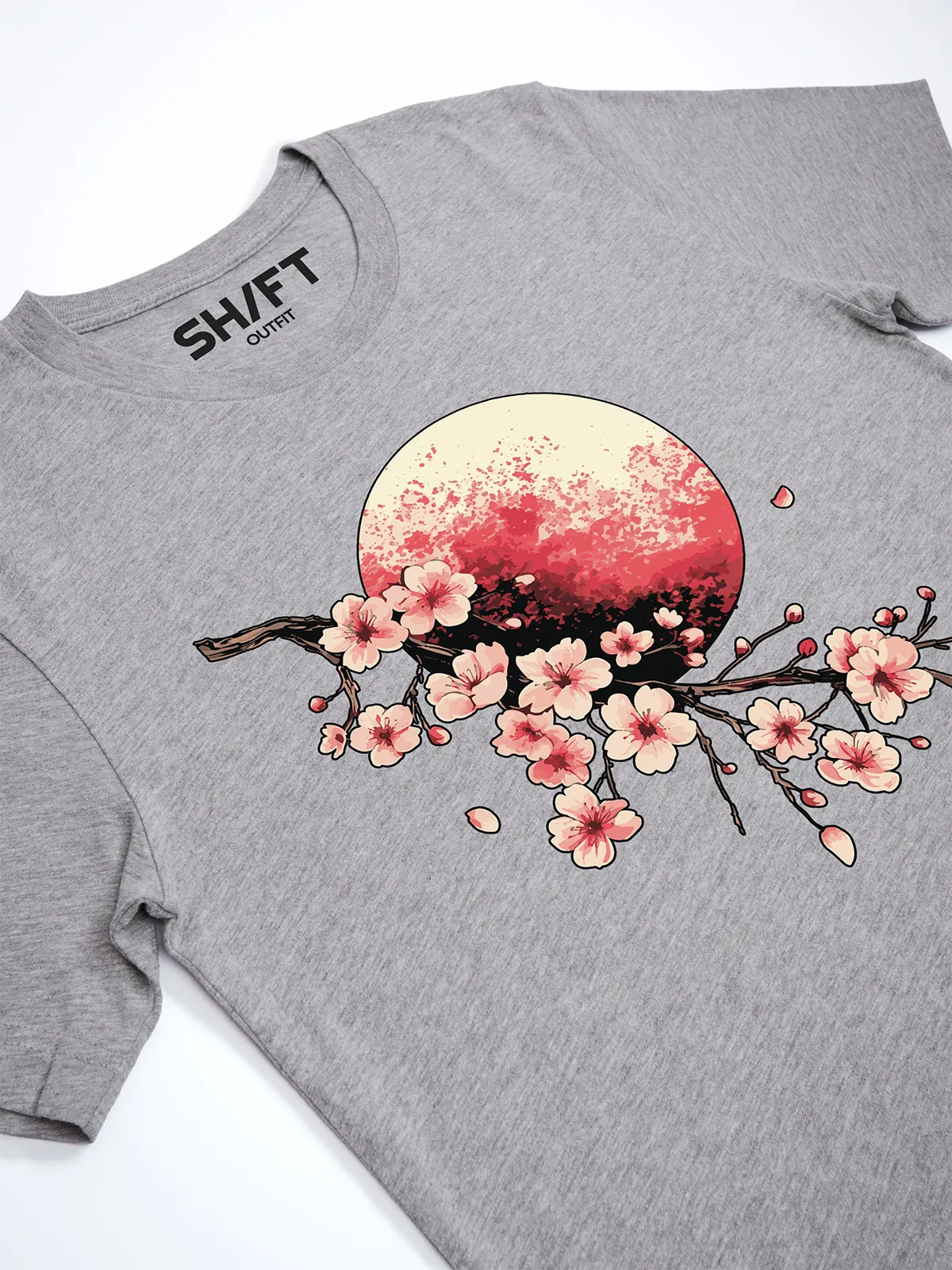 Bluetenmond T-Shirt in Athletic Heather, Detailansicht des Drucks.