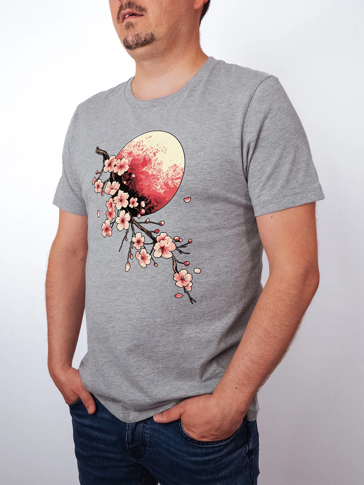 Bluetenmond T-Shirt in Athletic Heather, getragen von einem Herren Model, in der Ansicht von seite.