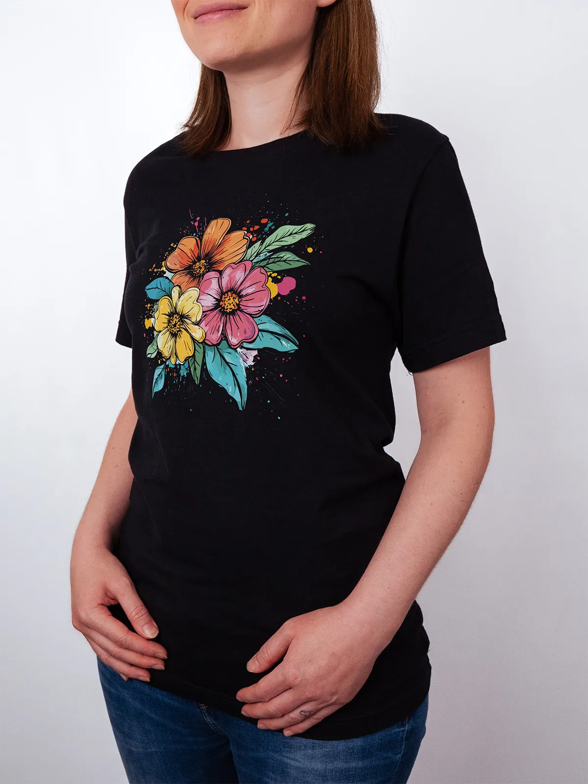 Bunte Blueten T-Shirt Black - Fruehling Kollektion