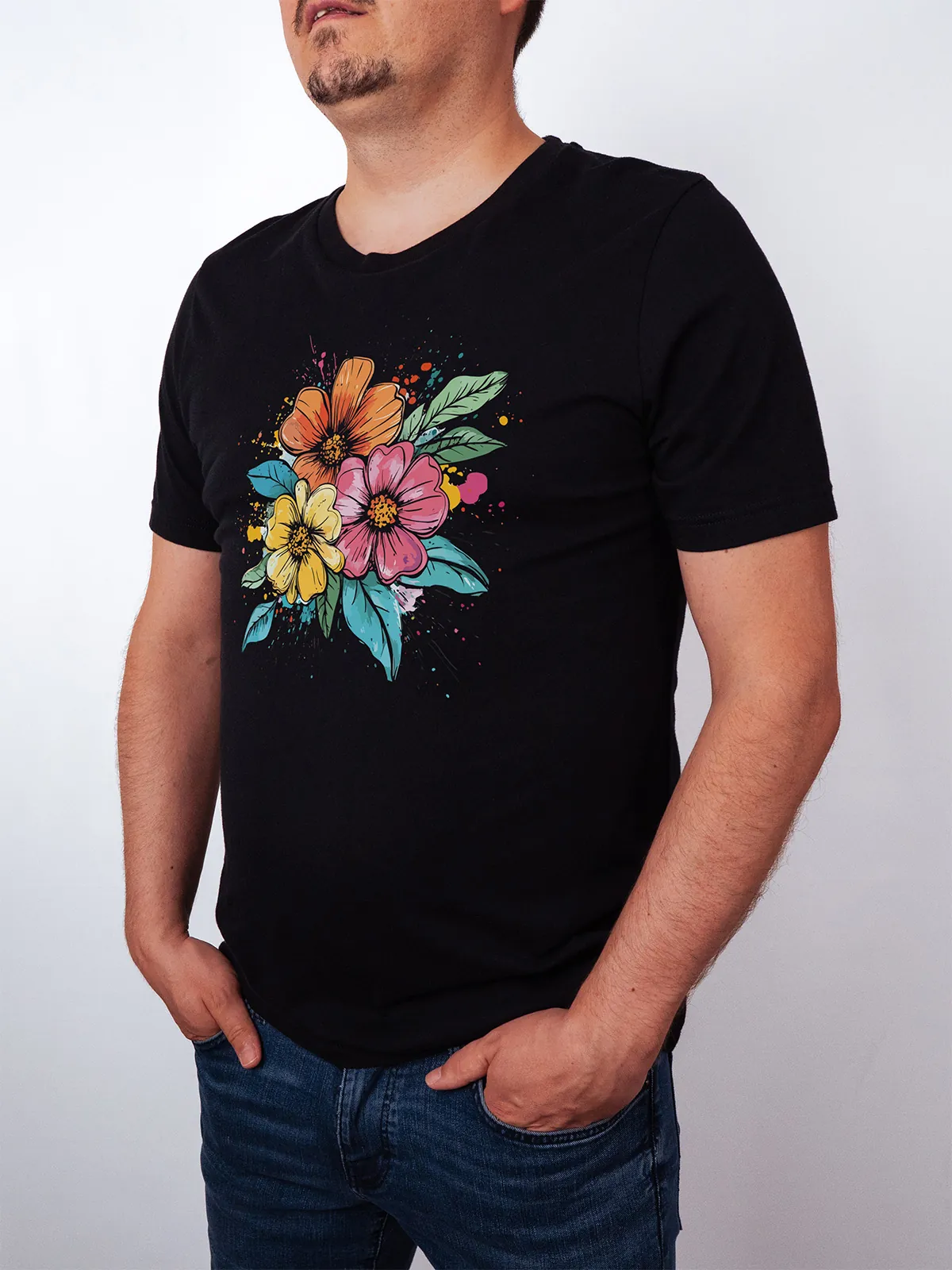 Bunte Blueten T-Shirt Black - Fruehling Kollektion