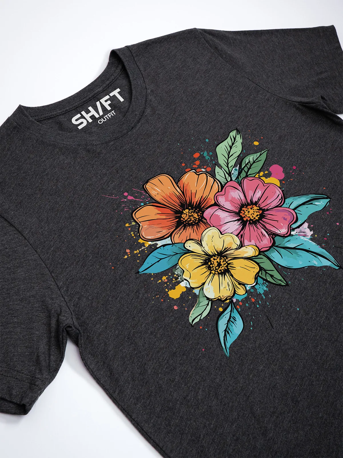 Bunte Blueten T-Shirt Dark Grey Heather - Fruehling mit ShiftOutfit