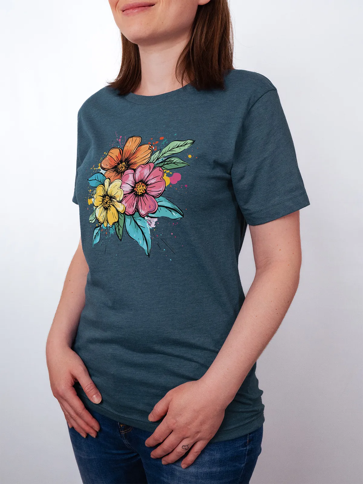 Bunte Blueten T-Shirt Heather Deep Teal - Fruehling mit ShiftOutfit