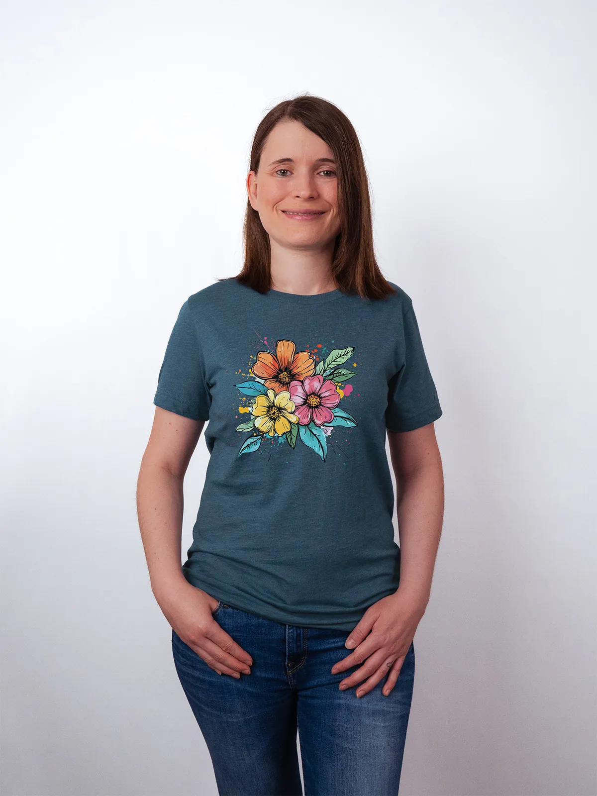 Bunte Blueten T-Shirt Heather Deep Teal - Fruehling ShiftOutfit