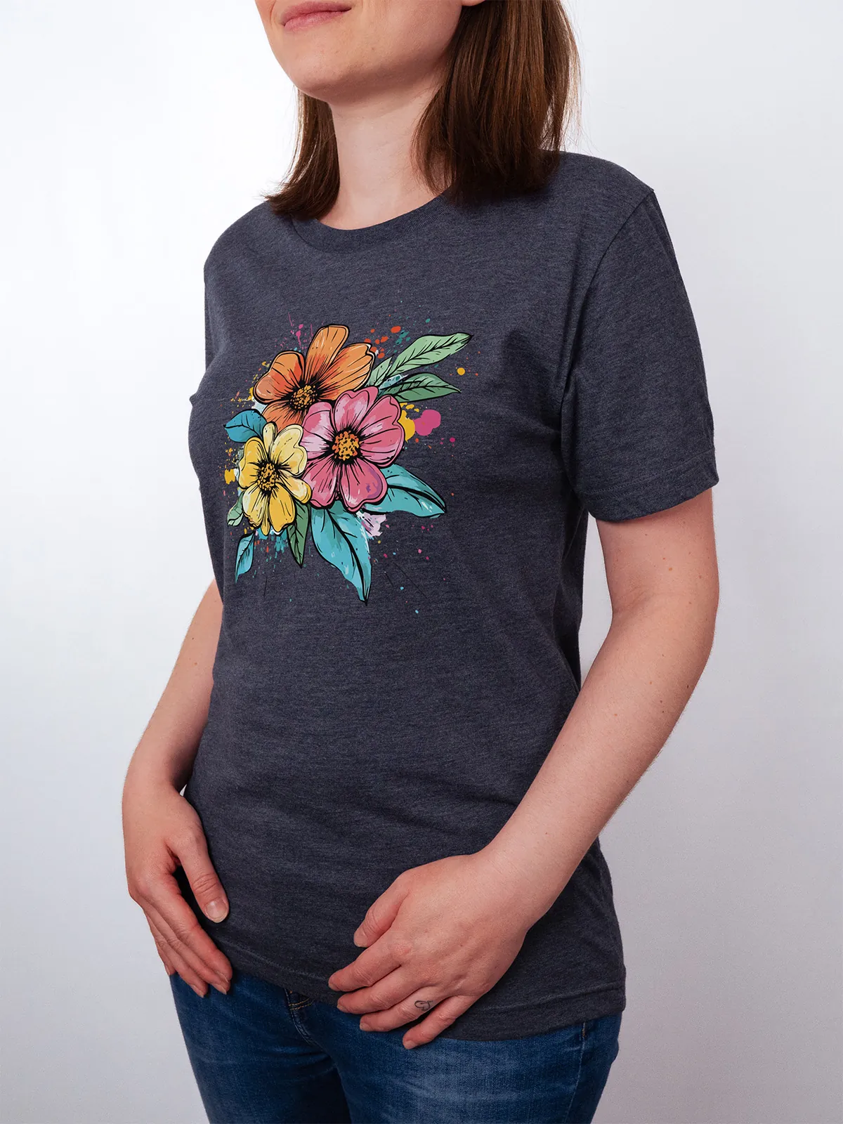 Bunte Blueten T-Shirt Heather Midnight Navy - Fruehling ShiftOutfit