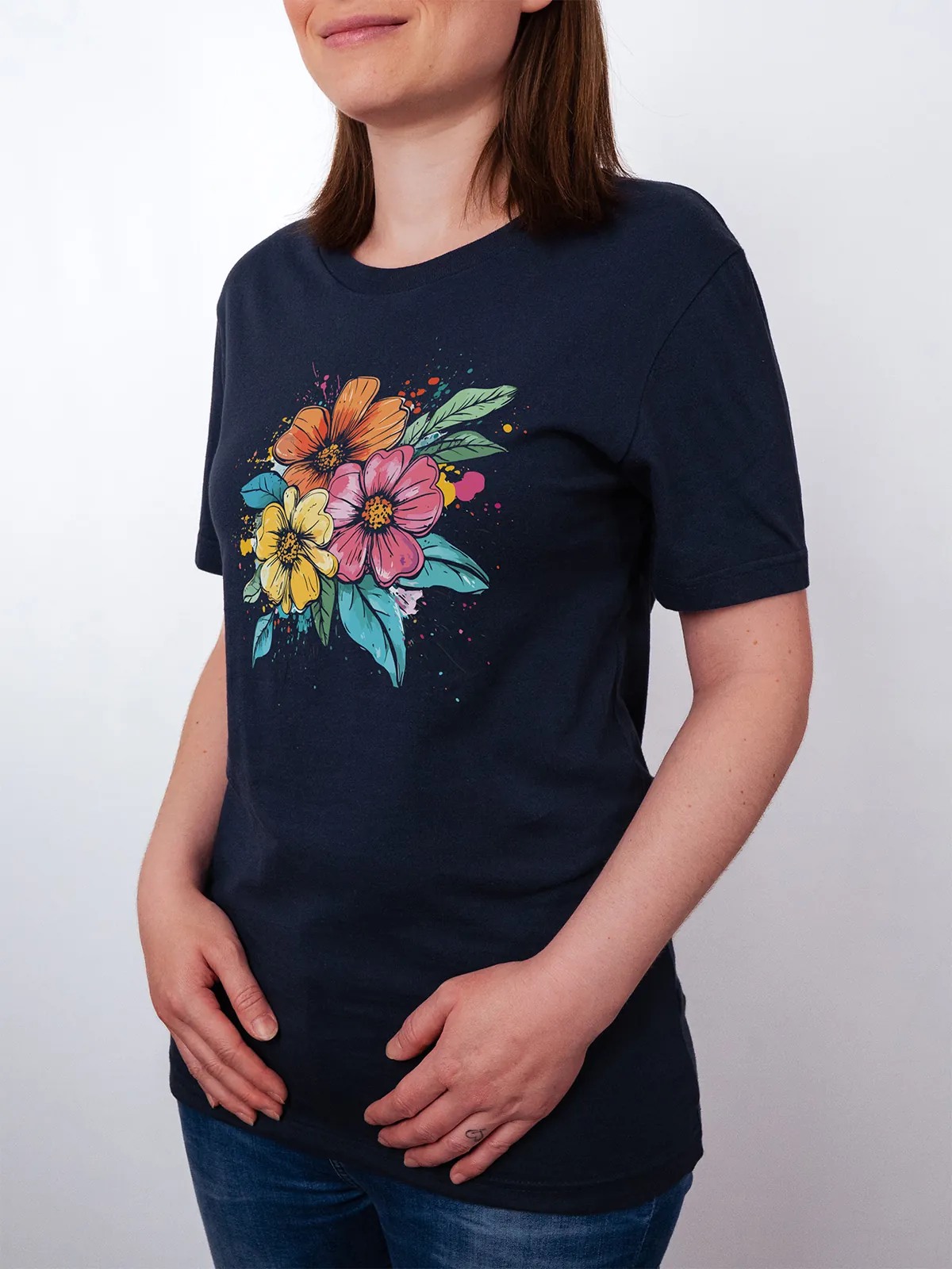 Bunte Blueten T-Shirt Navy - Fruehling mit ShiftOutfit