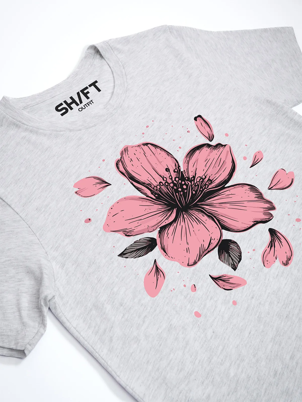 Einzelne Bluete T-Shirt in Ash, Detailansicht des Drucks.