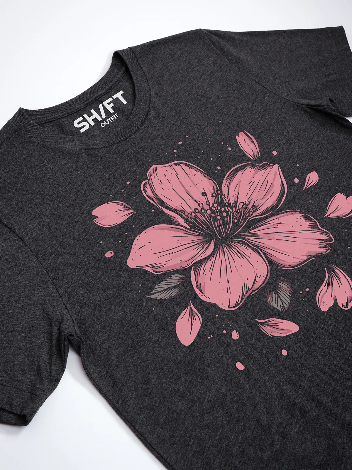 Einzelne Bluete T-Shirt in Dark Grey Heather, Detailansicht des Drucks.