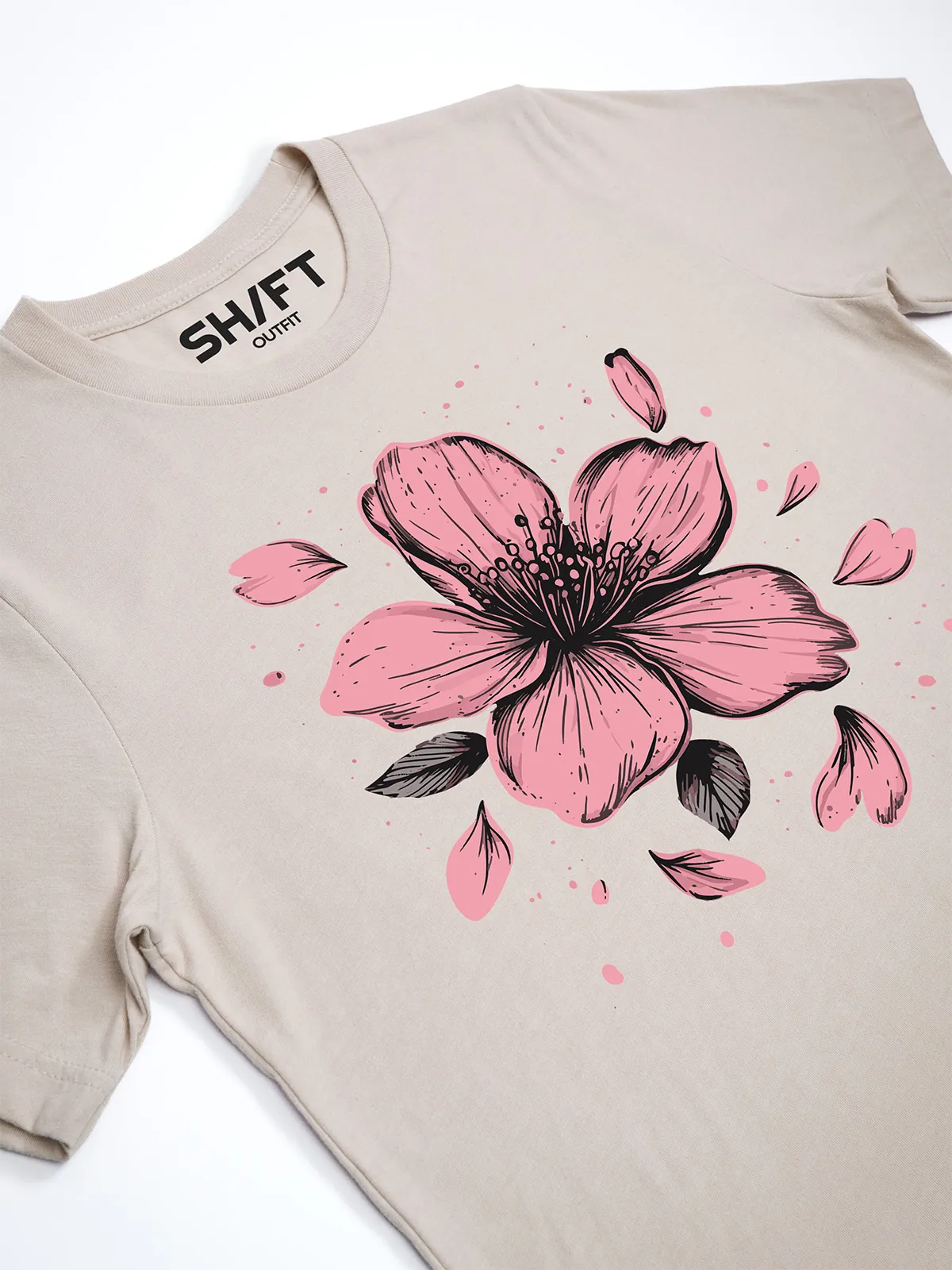 Einzelne Bluete T-Shirt in Heather Dust, Detailansicht des Drucks.