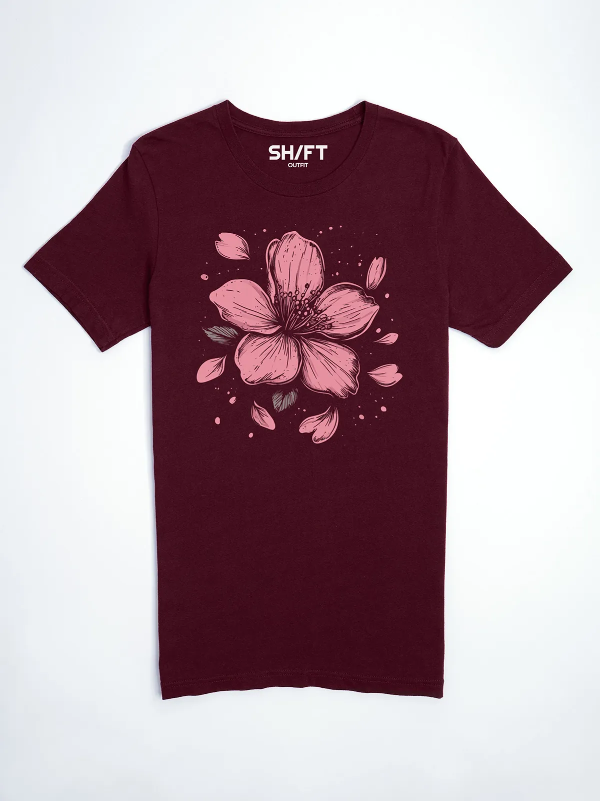Einzelne Bluete T-Shirt in Maroon, Hauptansicht.