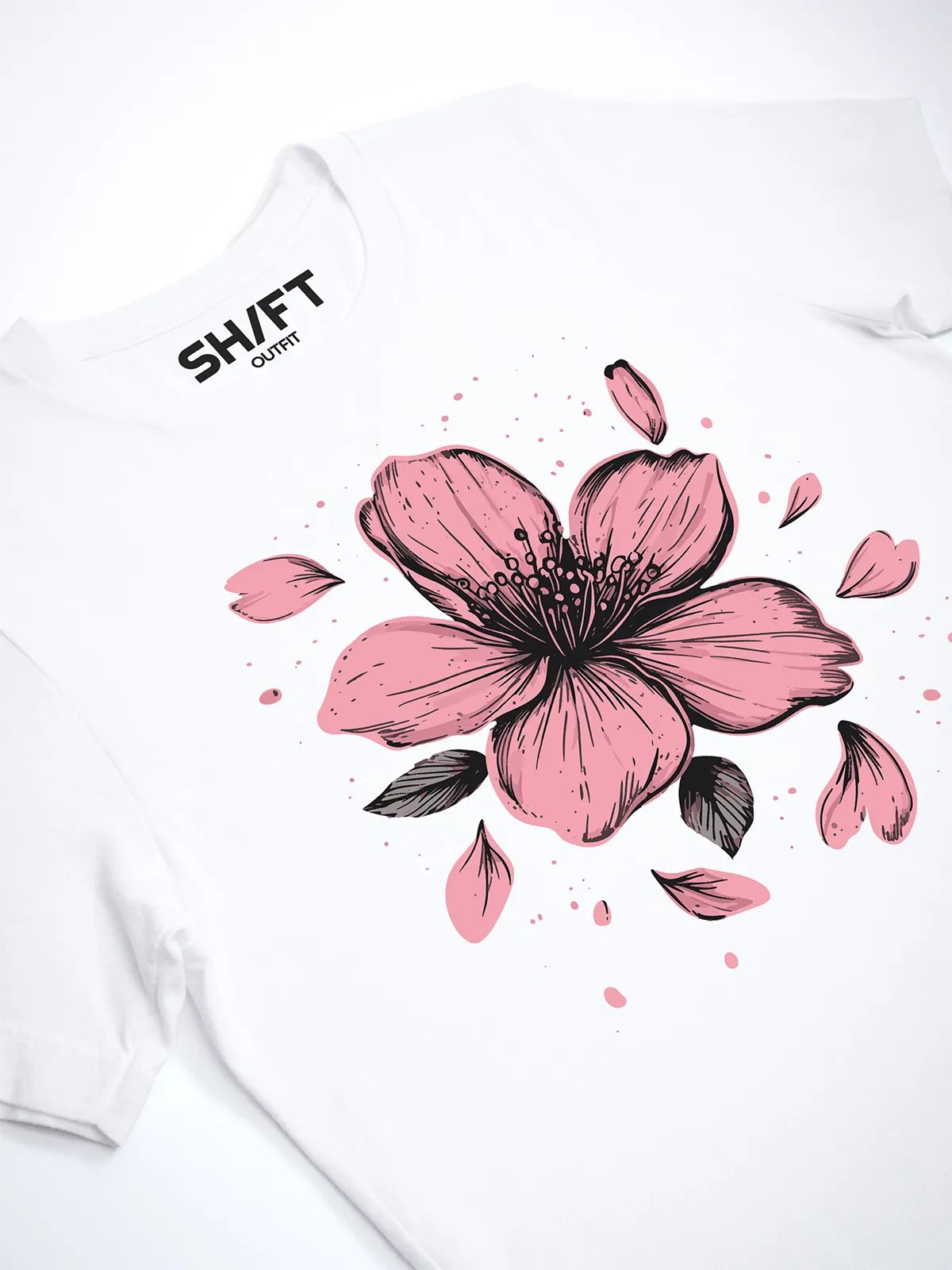 Einzelne Bluete T-Shirt in White, Detailansicht des Drucks.