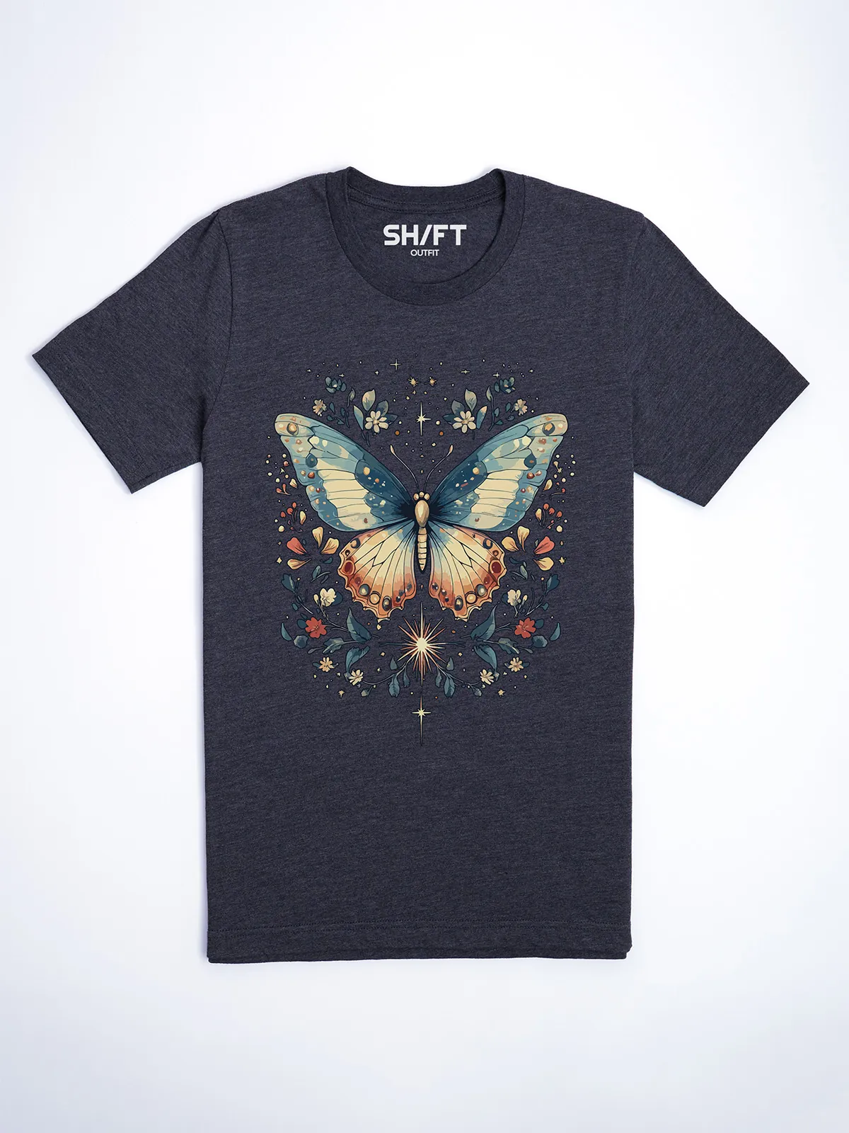 Himmlischer Schmetterling Heather Midnight Navy T-Shirt - Fruehlingsmode