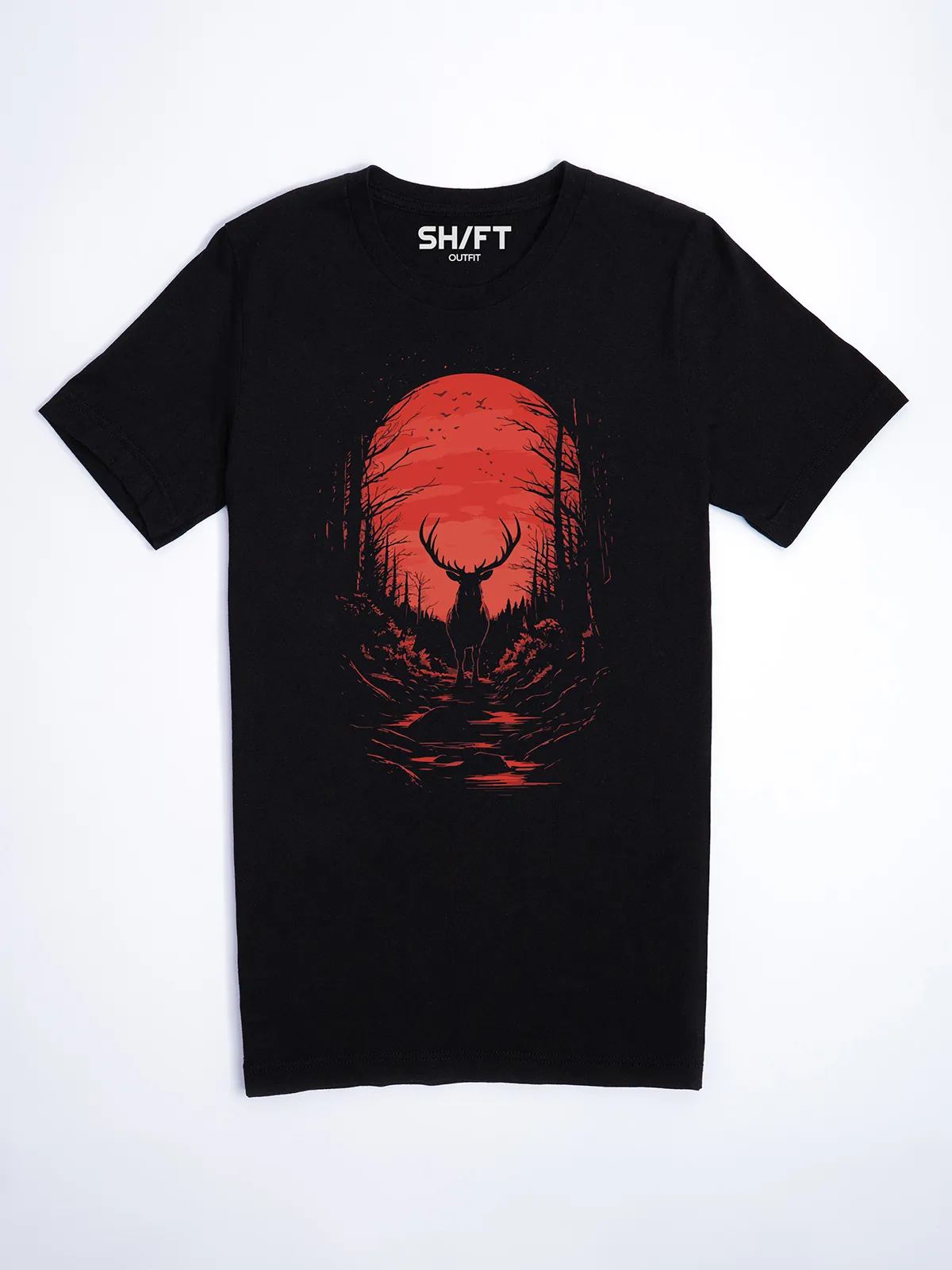 Hirsch Karminrot T-Shirt Black - Fruehling mit ShiftOutfit