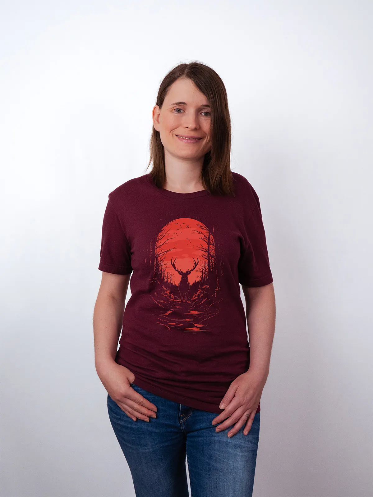 Hirsch Karminrot T-Shirt Maroon - Fruehling mit ShiftOutfit