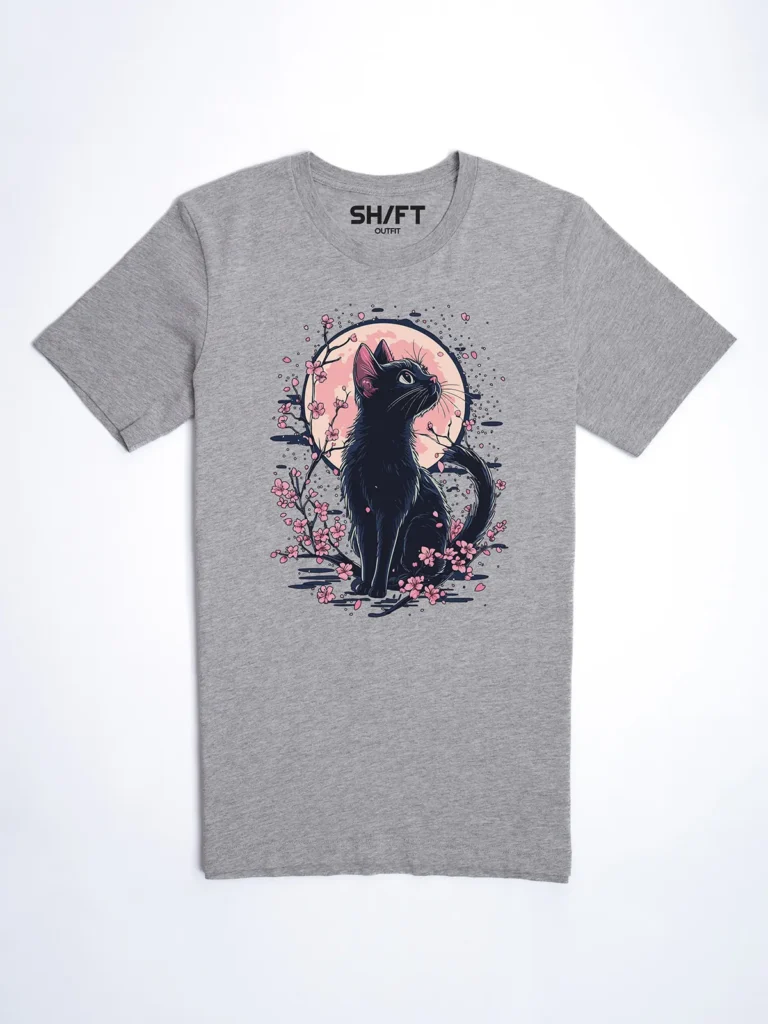 Sakura Katze T-Shirt in Athletic Heather, Hauptansicht.