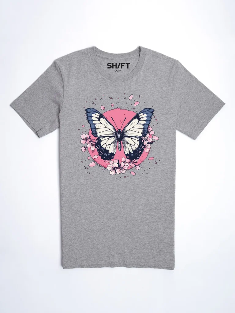 Sakura Schmetterling T-Shirt in Athletic Heather, Hauptansicht.
